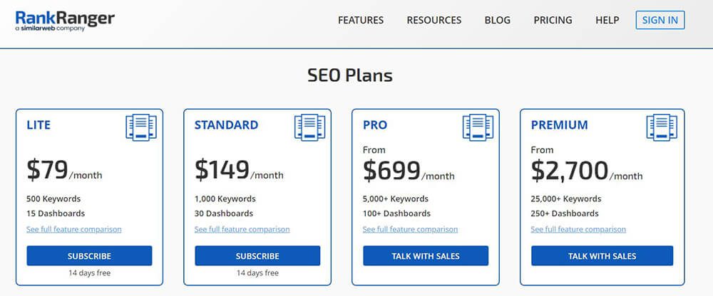 מחירון - RankRanger SEO Tool Plans